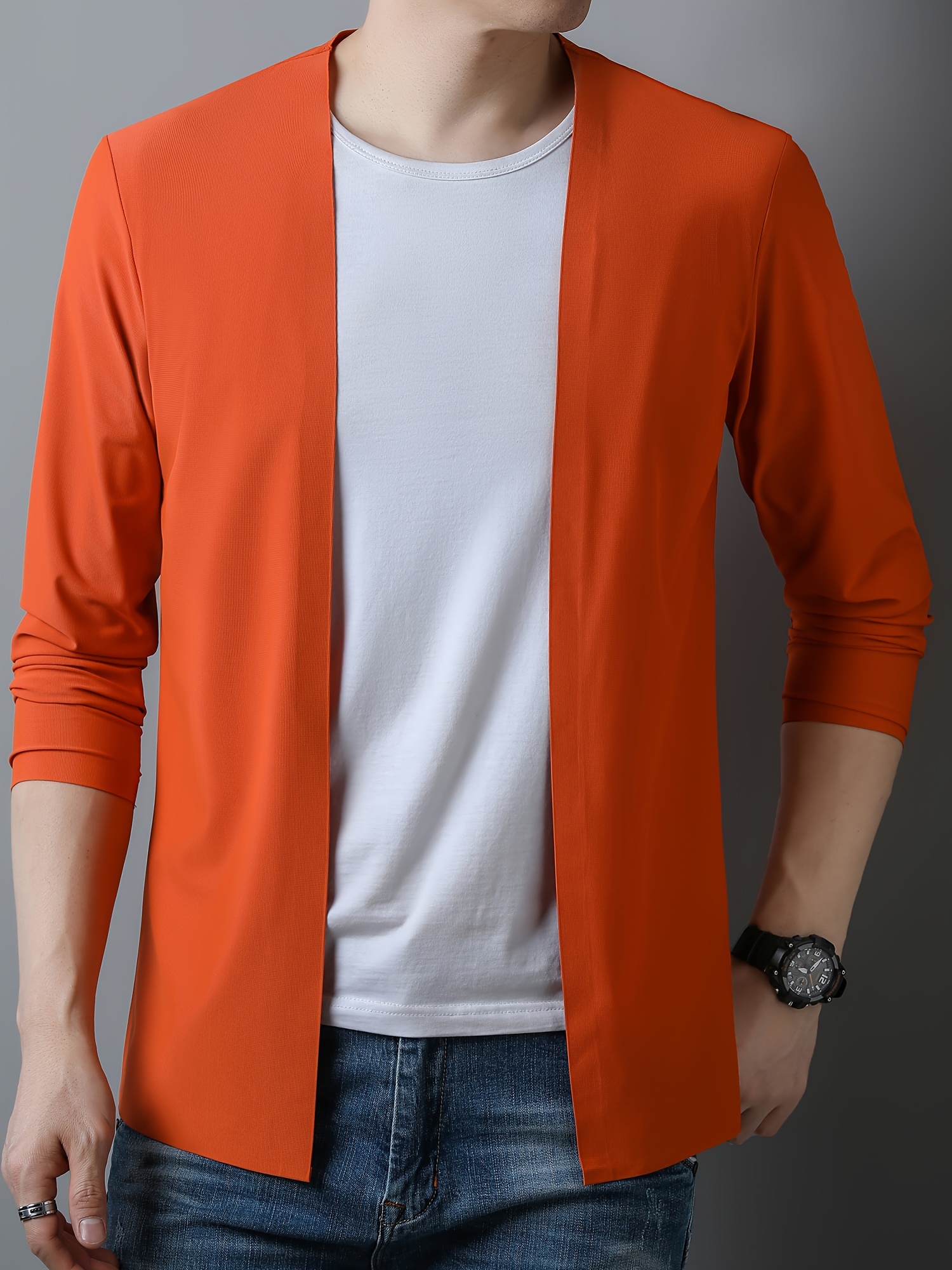 mens solid knitted cardigan casual long sleeve high stretch open front sweater for outdoor activities details 6