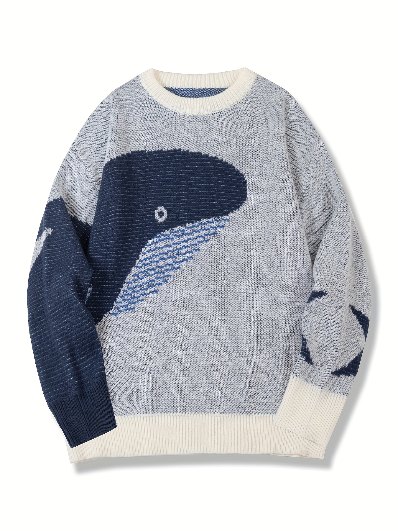 all match knitted cartoon shark pattern sweater mens casual warm slightly stretch crew neck pullover sweater for men fall winter details 6