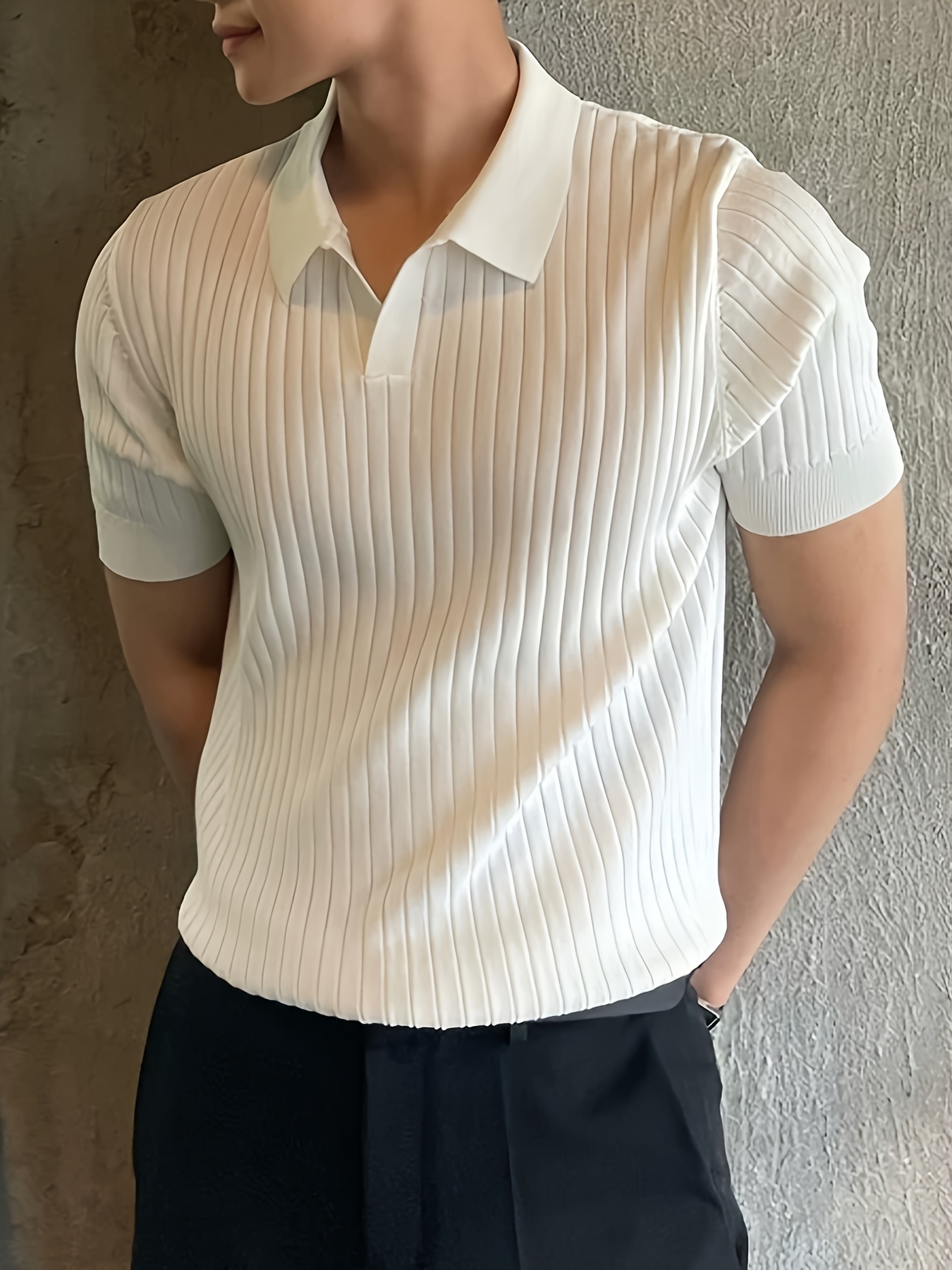 mens stripe pattern sweater casual breathable medium stretch short sleeve knitted top for summer details 33