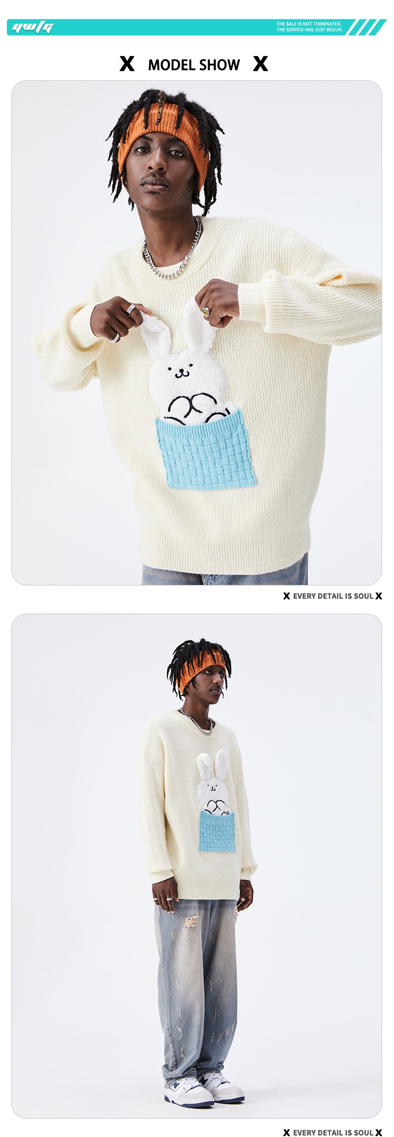 cartoon knitted rabbit loose unisex round neck sweater with pocket details 1