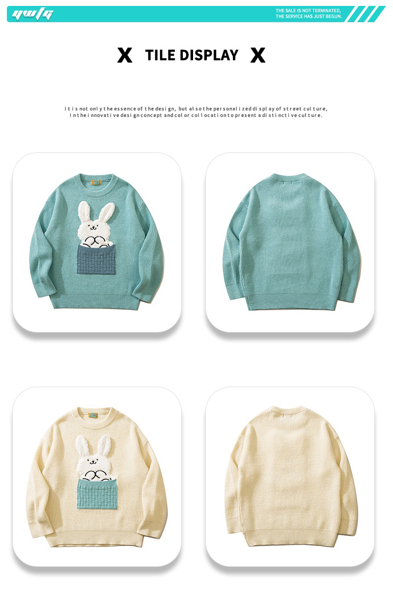 cartoon knitted rabbit loose unisex round neck sweater with pocket details 3