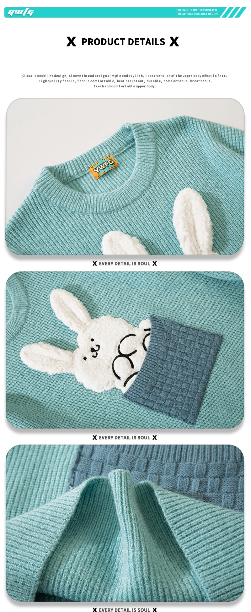 cartoon knitted rabbit loose unisex round neck sweater with pocket details 4