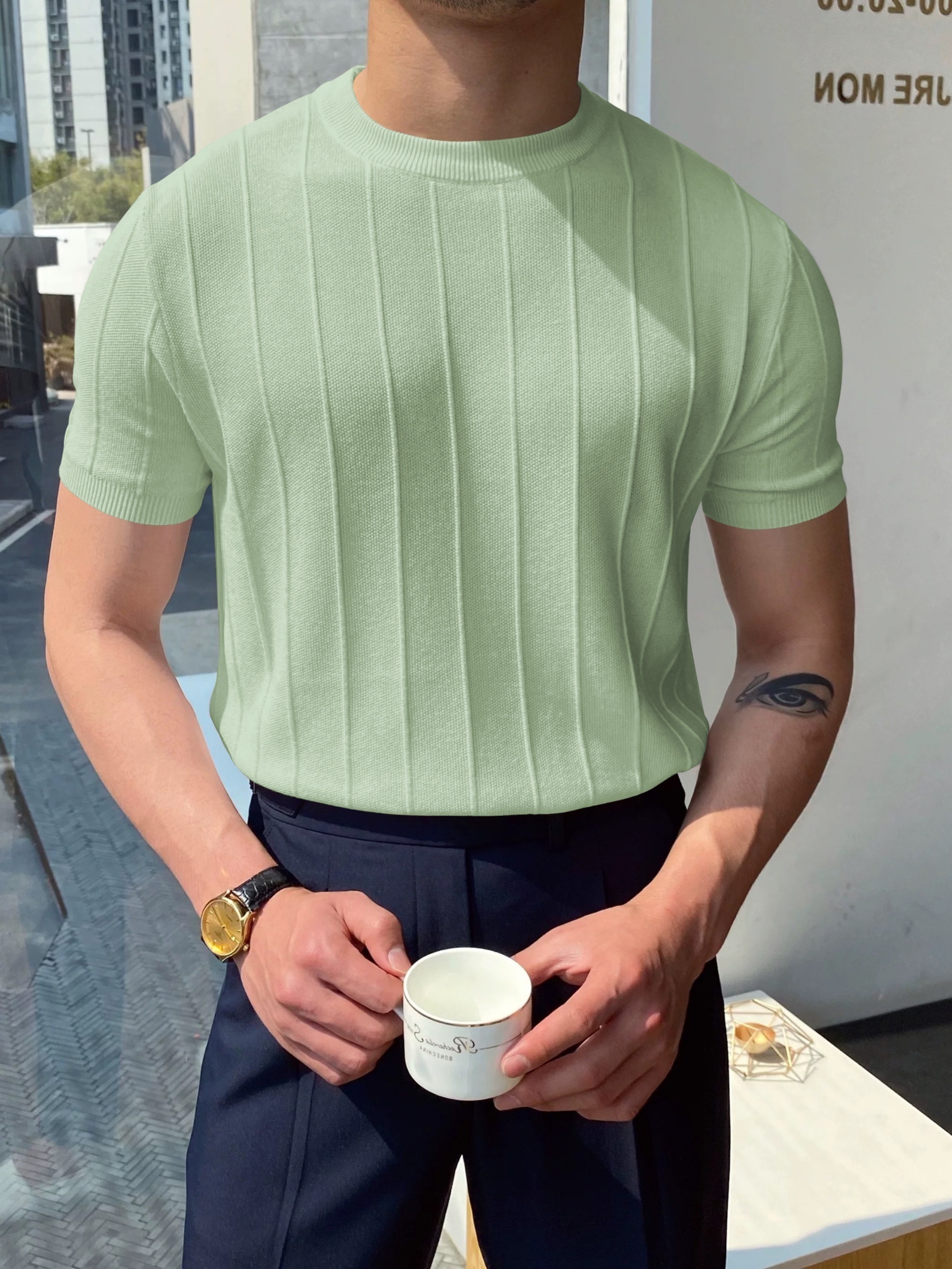 mens solid color stripe pattern knit t shirt with crew neck and short sleeve casual and fashionable top for men details 0