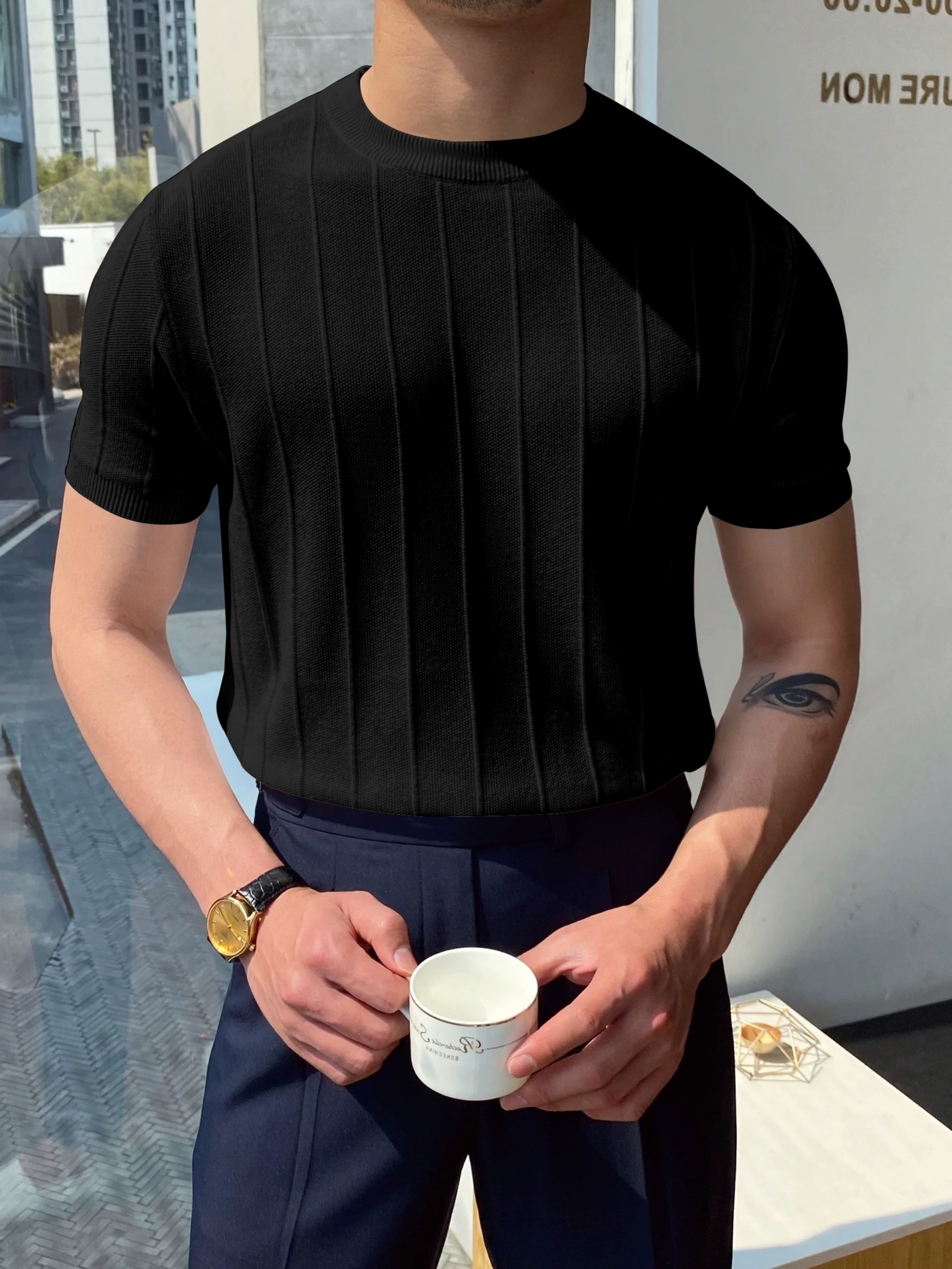 mens solid color stripe pattern knit t shirt with crew neck and short sleeve casual and fashionable top for men details 17