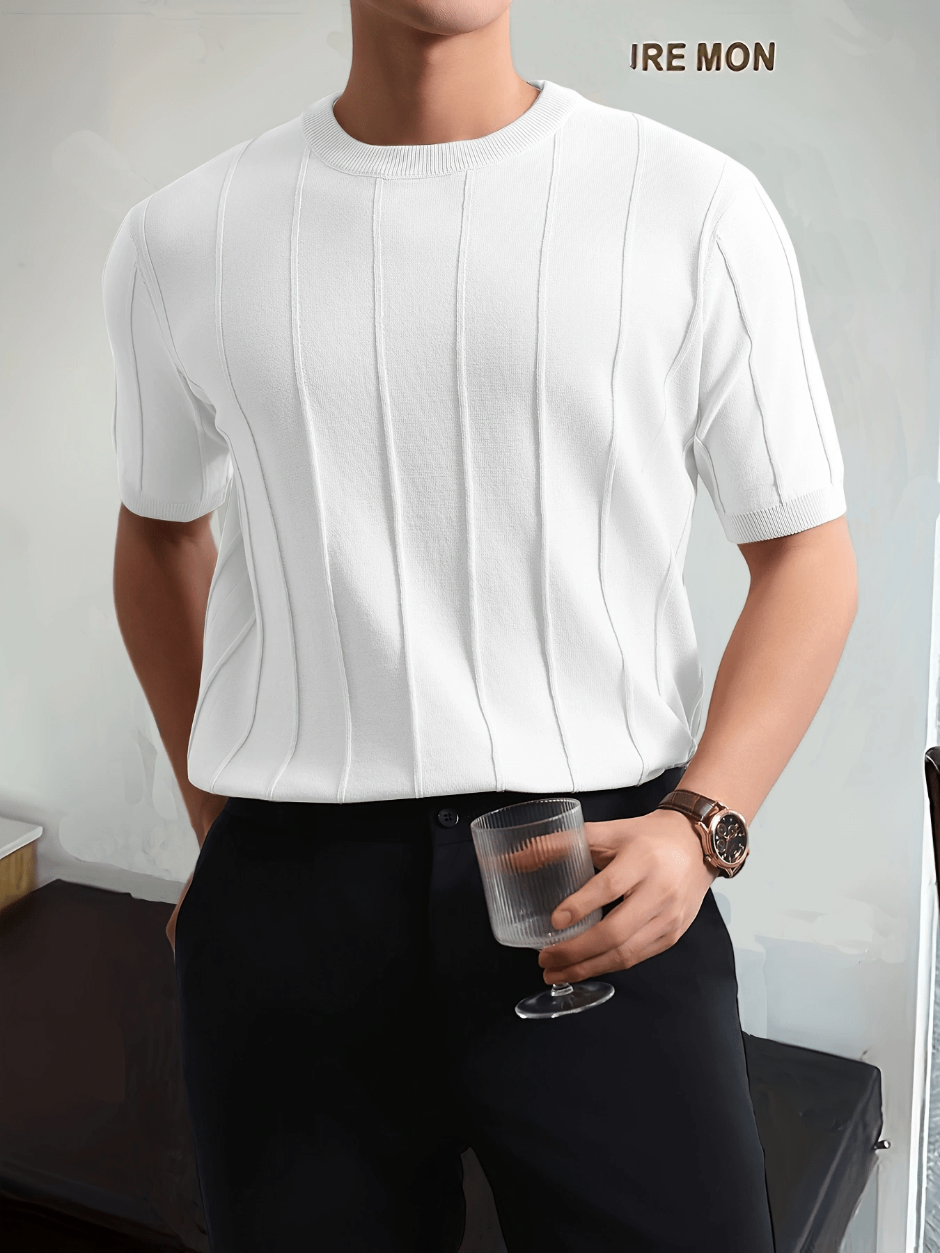 mens solid color stripe pattern knit t shirt with crew neck and short sleeve casual and fashionable top for men details 23