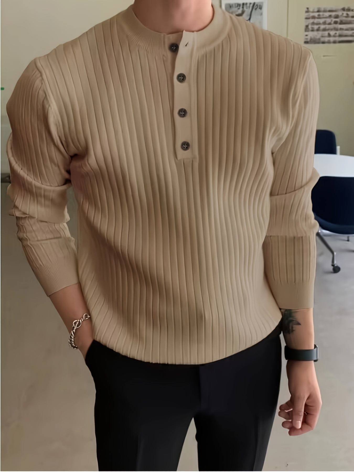 trendy solid knitted ribbed sweater mens casual warm slightly stretch v neck pullover sweater for men fall winter details 0