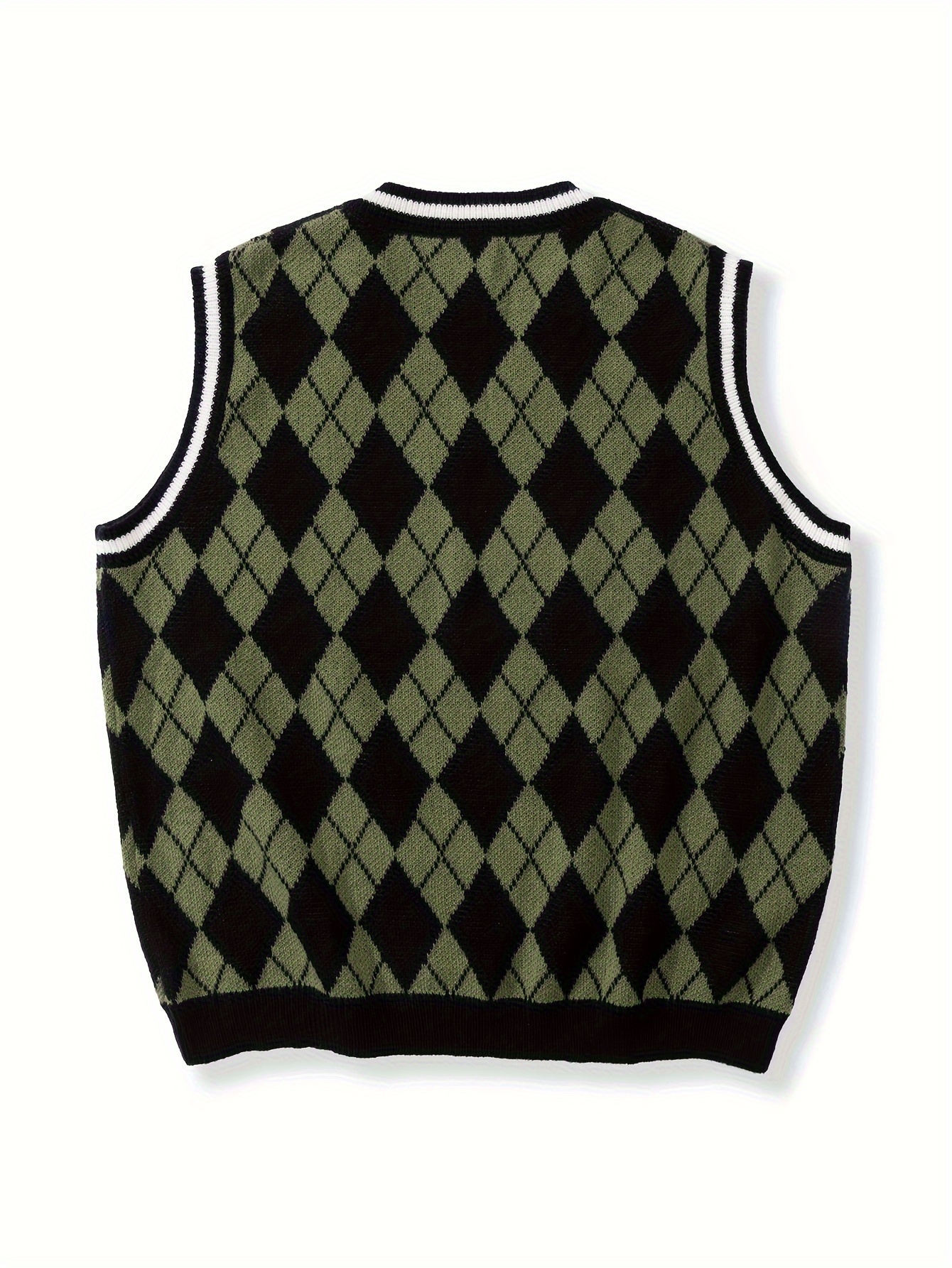 rhombus pattern high stretch knitted vest mens casual vintage style v neck vest for fall winter details 0