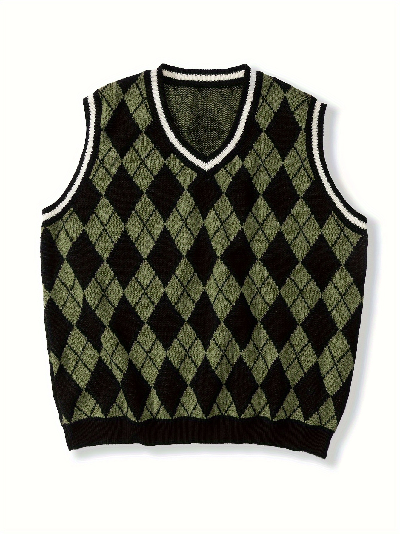 rhombus pattern high stretch knitted vest mens casual vintage style v neck vest for fall winter details 5