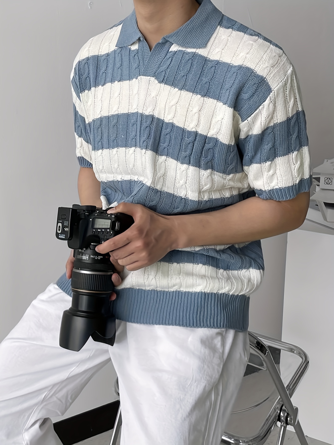 mens blue white stripe color block short sleeve v neck lapel shirt for summer daily details 4