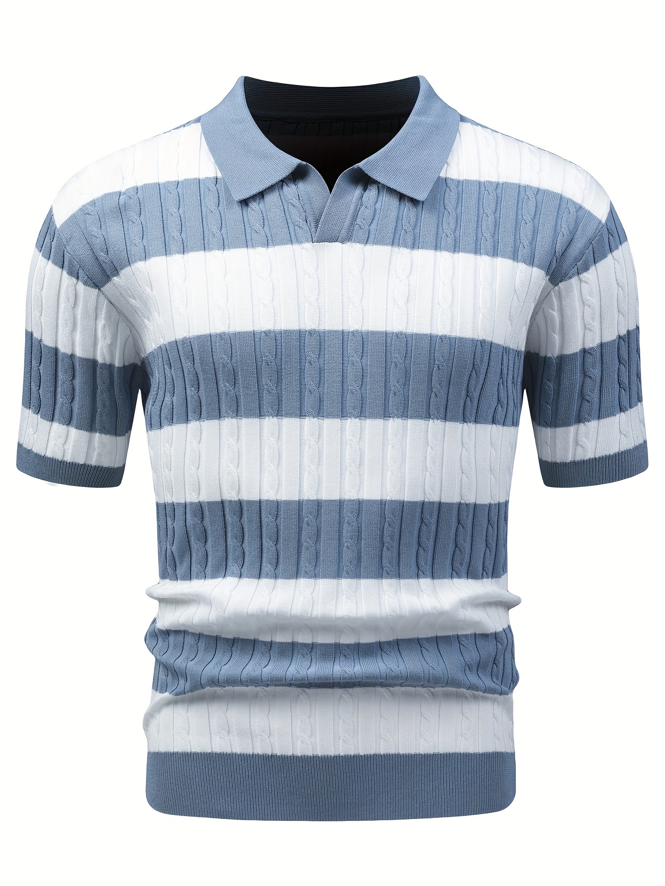 mens blue white stripe color block short sleeve v neck lapel shirt for summer daily details 5