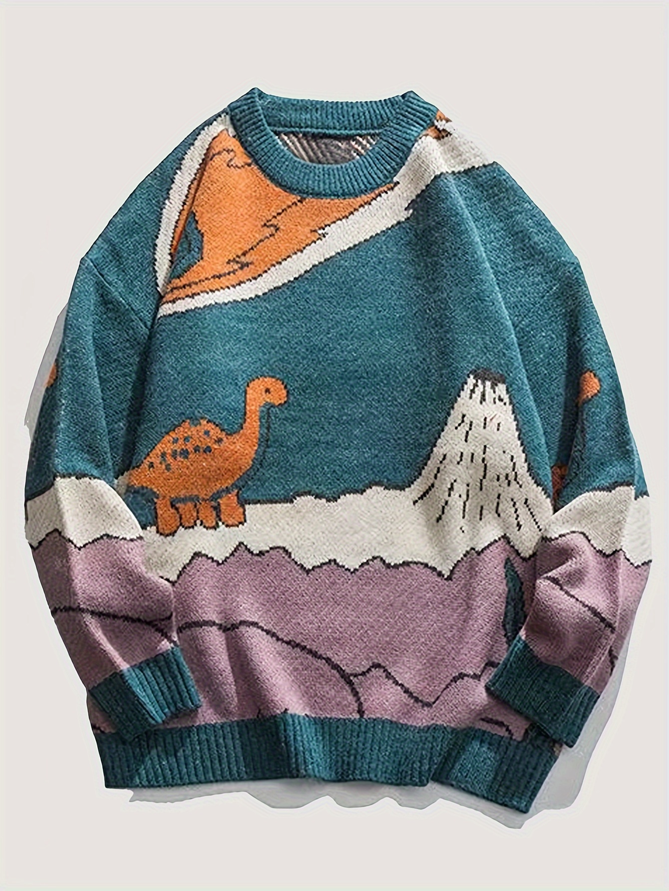 dinosaur pattern knitted sweater mens casual warm   stretch crew neck pullover sweater for men fall winter details 1