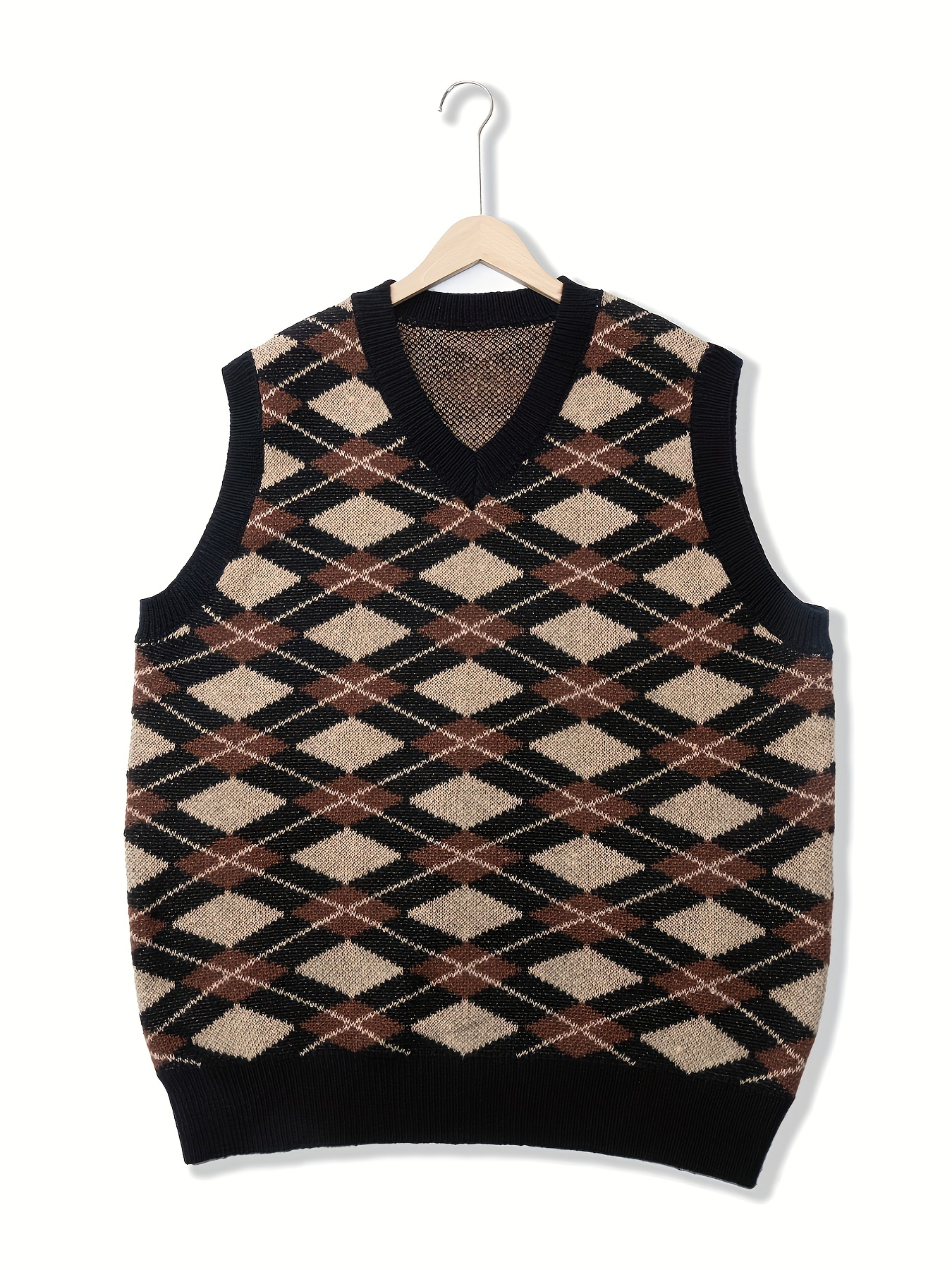 elegant slightly stretch sweater vest mens casual vintage style v neck diamond pattern vest for fall winter details 5