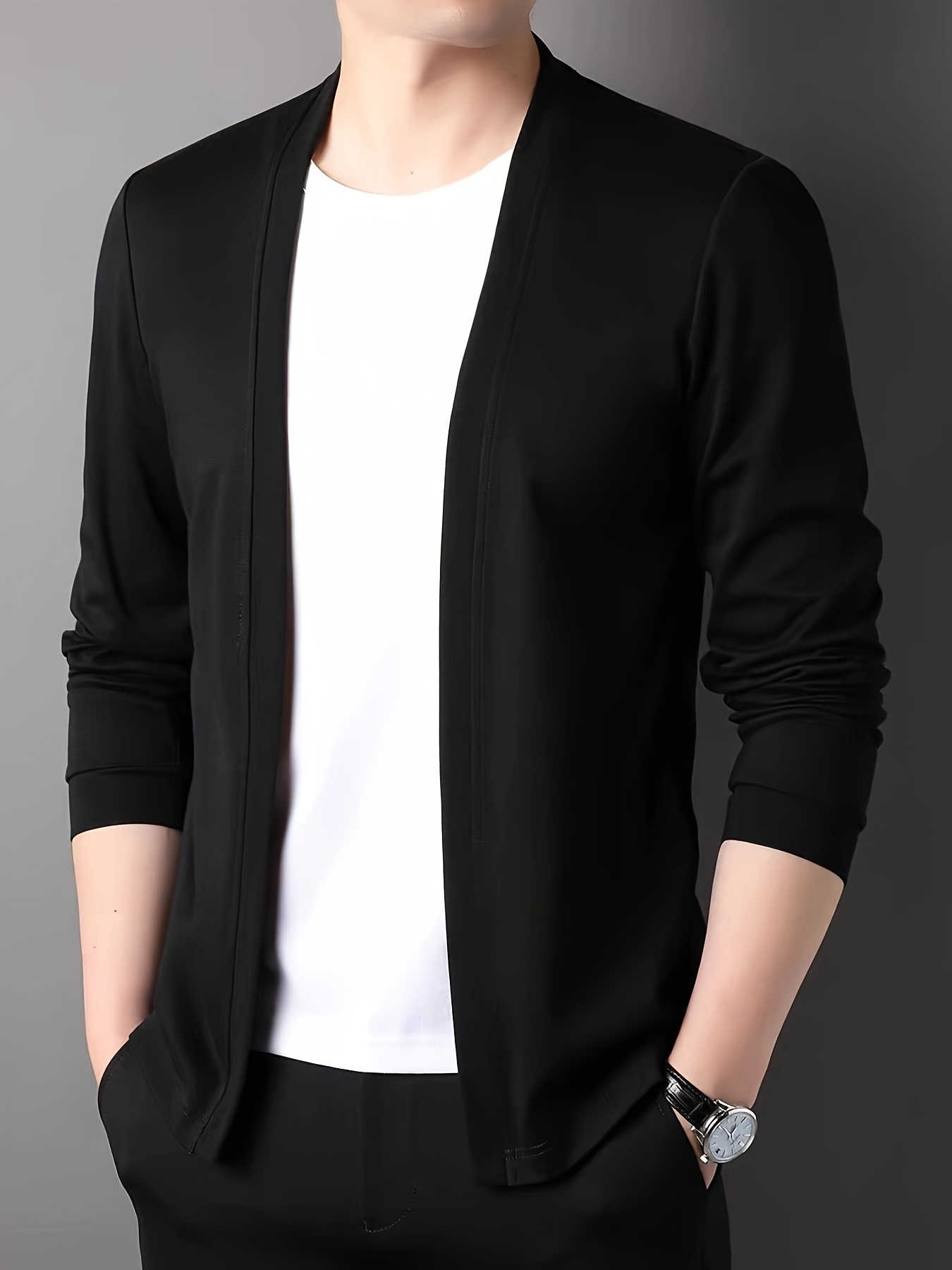 mens solid knitted cardigan casual breathable long sleeve slim fit open front sweater for outdoor activities details 0