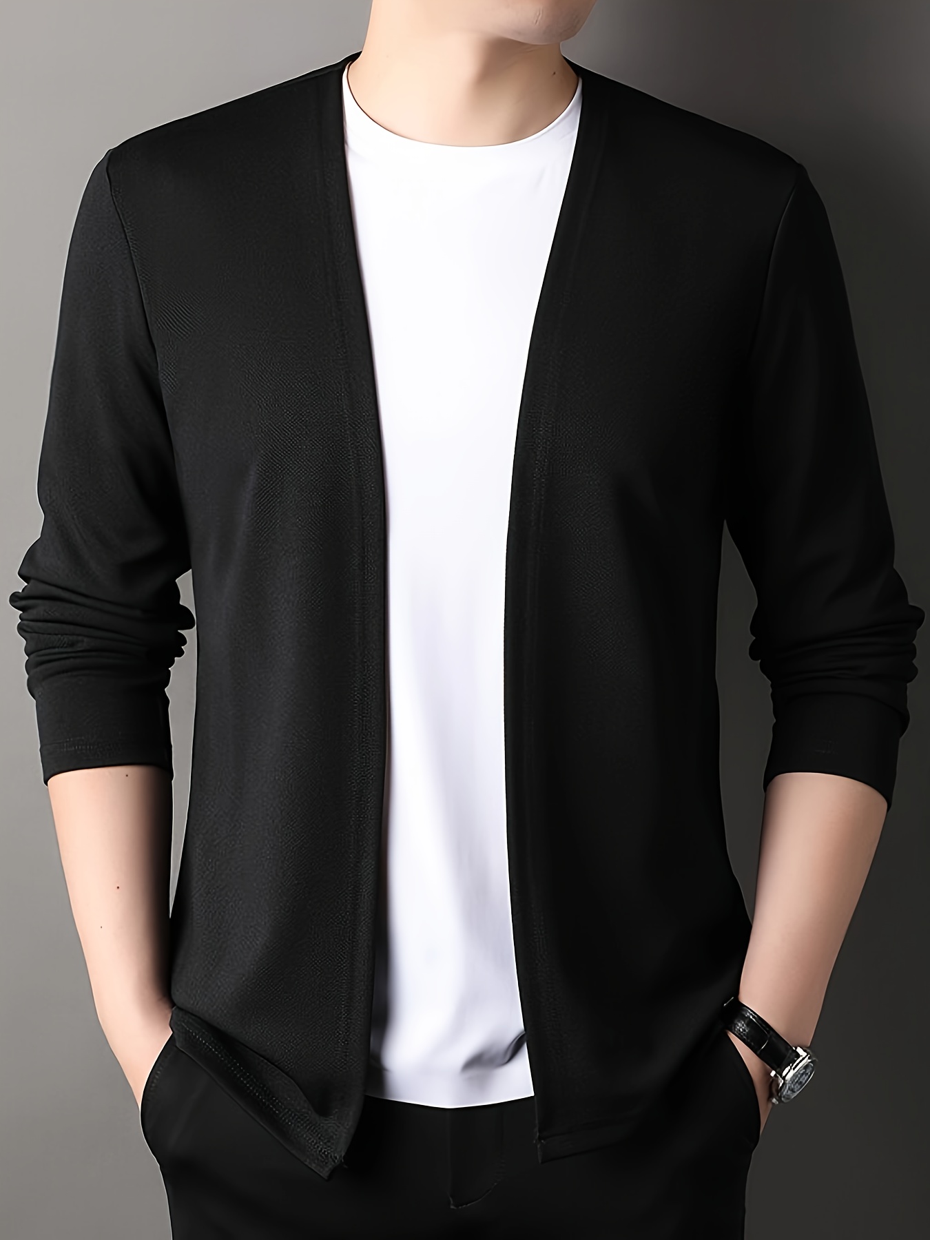 mens solid knitted cardigan casual breathable long sleeve slim fit open front sweater for outdoor activities details 1