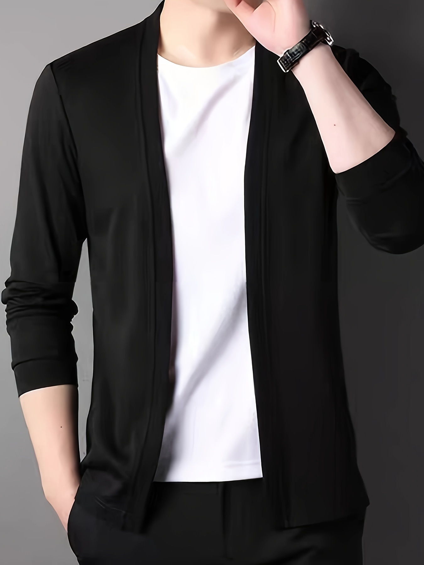 mens solid knitted cardigan casual breathable long sleeve slim fit open front sweater for outdoor activities details 2