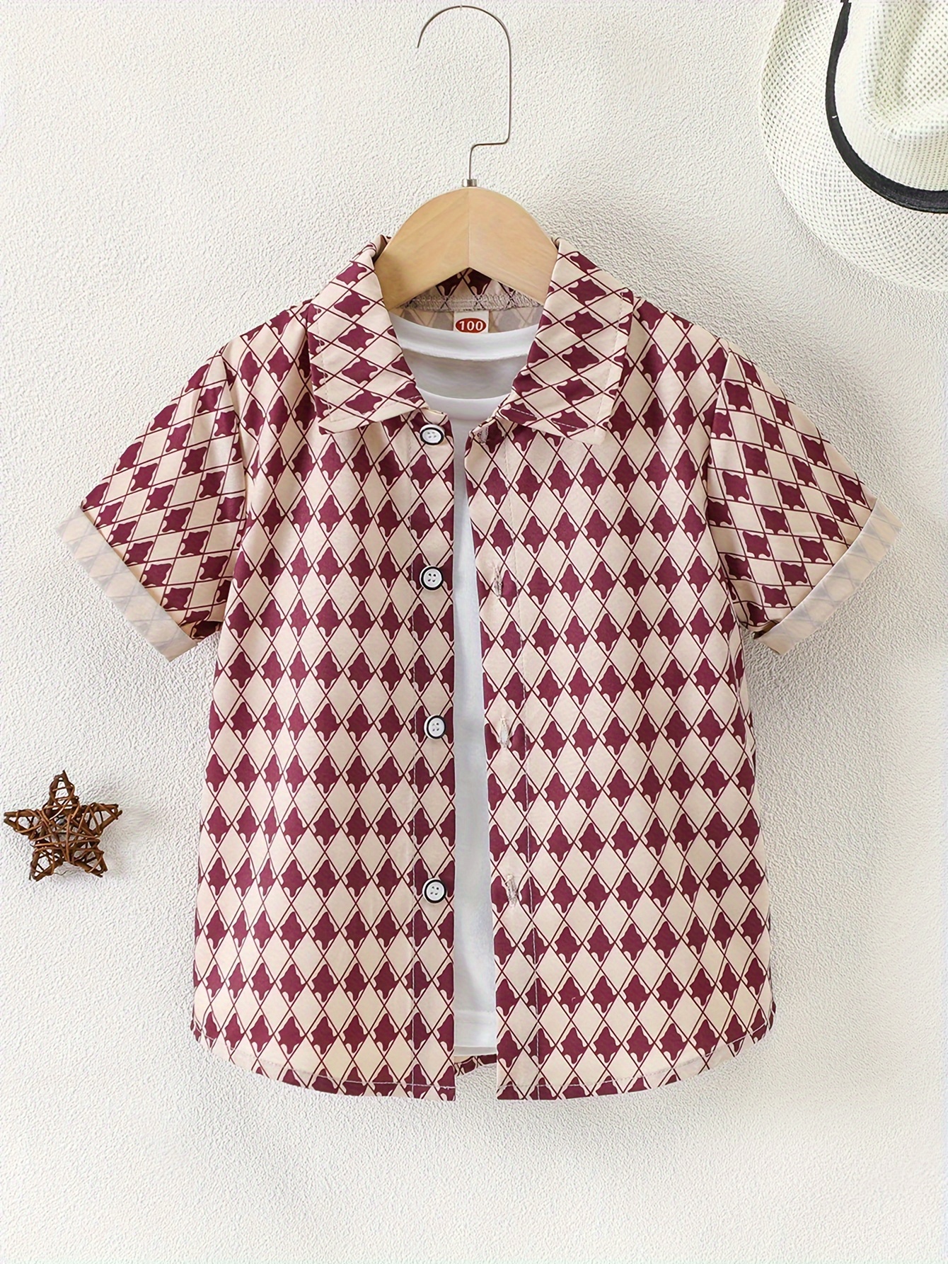 boys argyle allover print casual lapel shirt short sleeve classic short sleeve front button comfy summer holiday shirt details 5