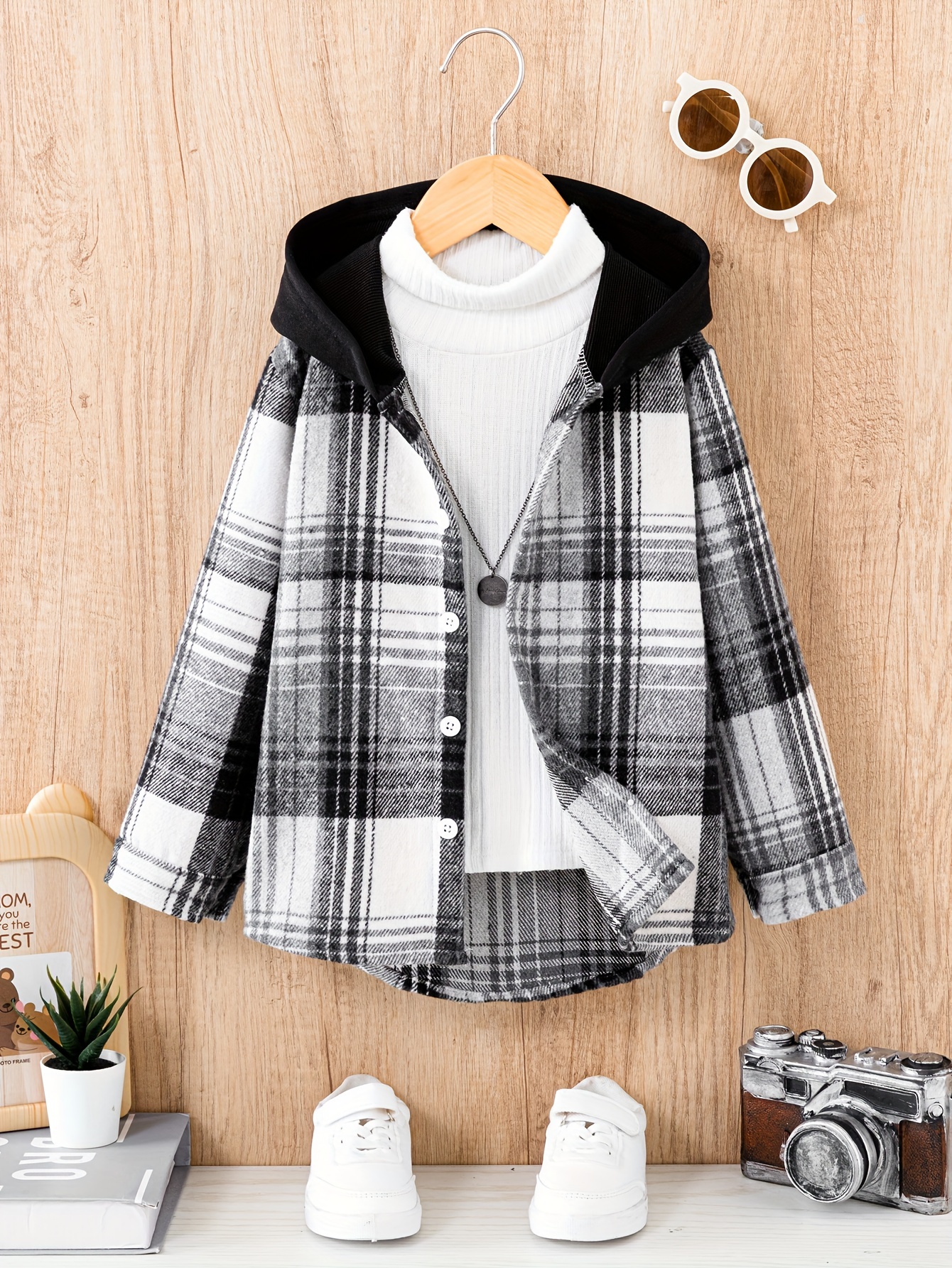 kids boys plaid outfits casual outerwear shirt jacket button down hoodies details 1