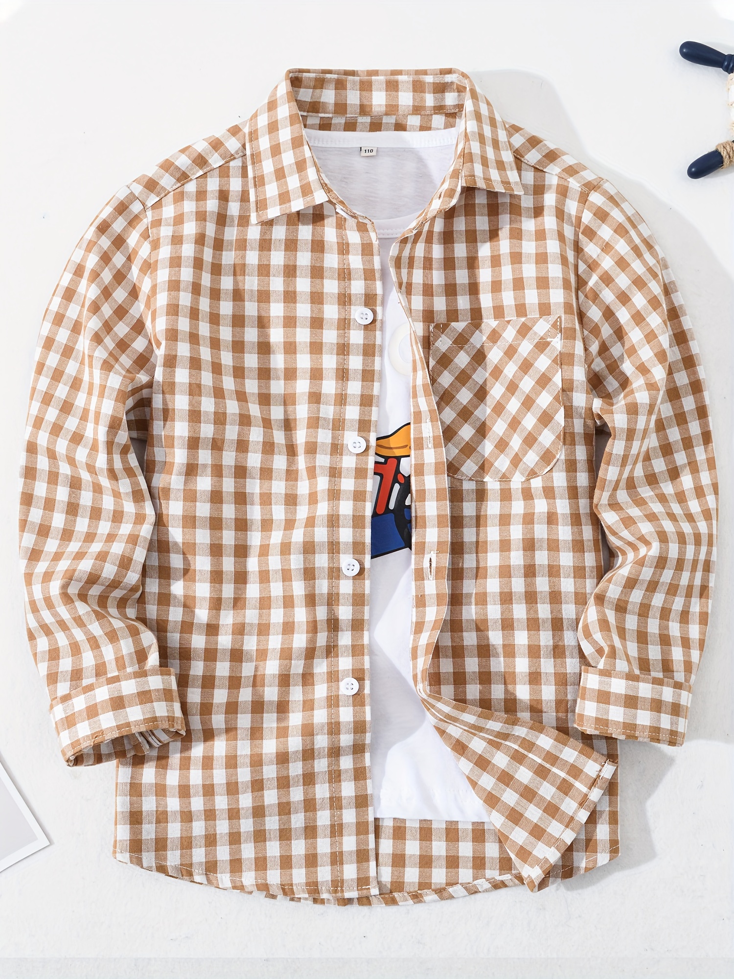 boys stylish cotton plaid shirt long sleeve front button chest pocket spring fall top shirt details 5